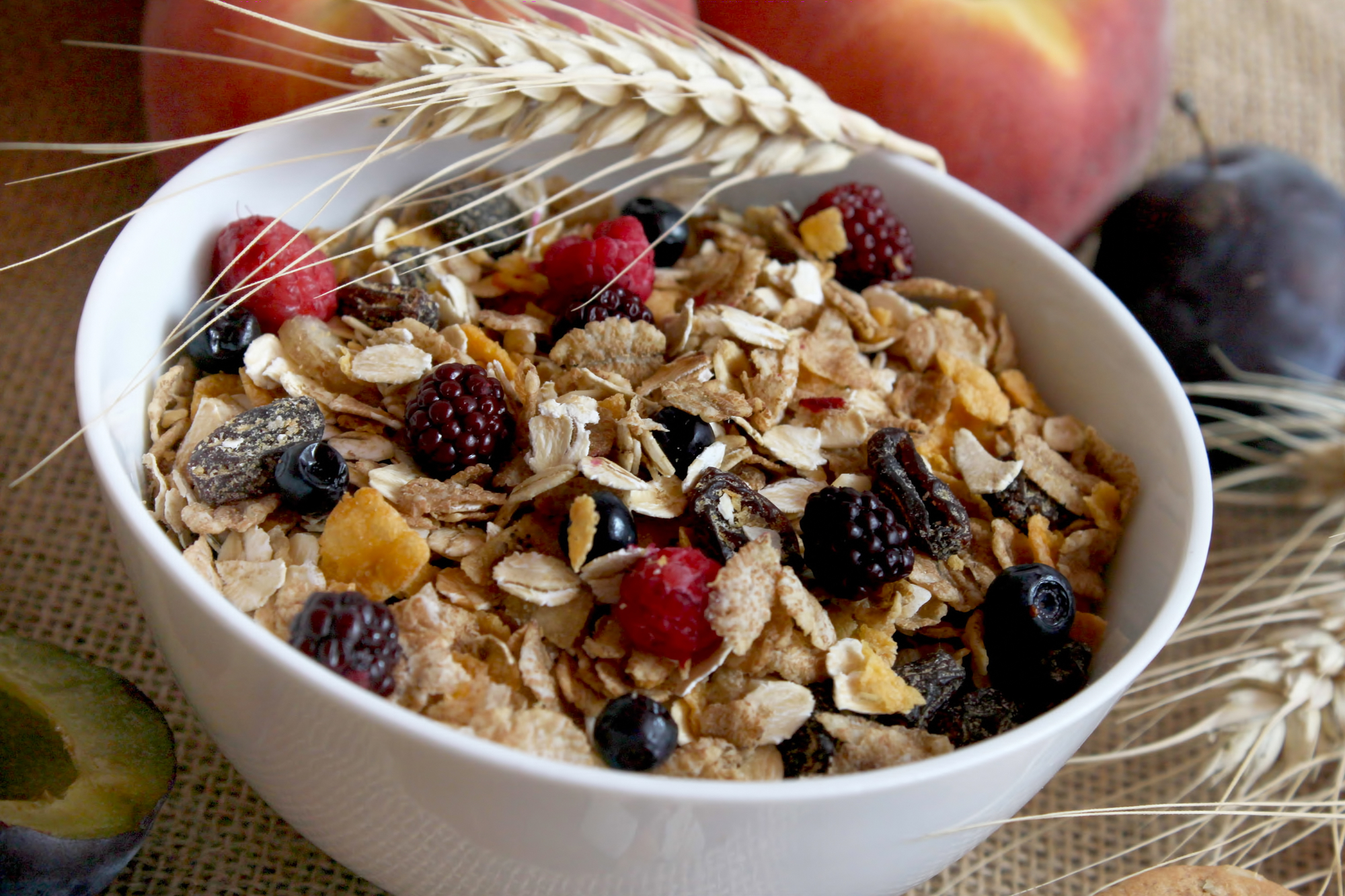 Bowl of muesli with raisins and berry fruits.