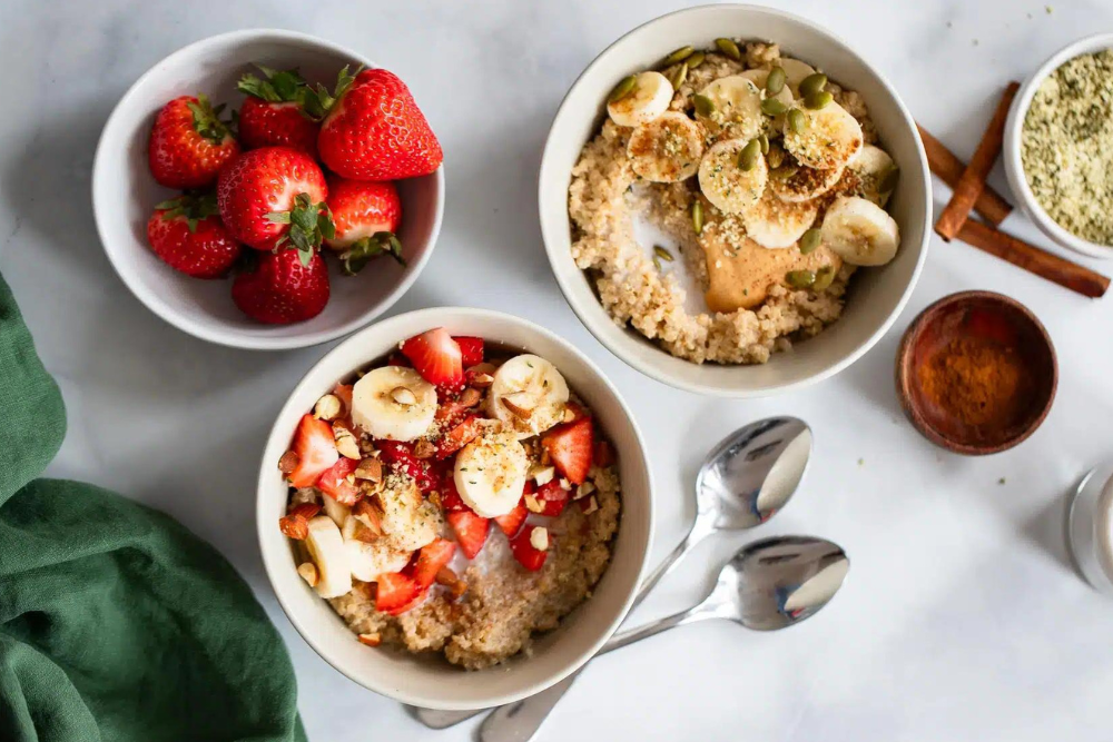 Overhead view of breakfast quinoa bowls.