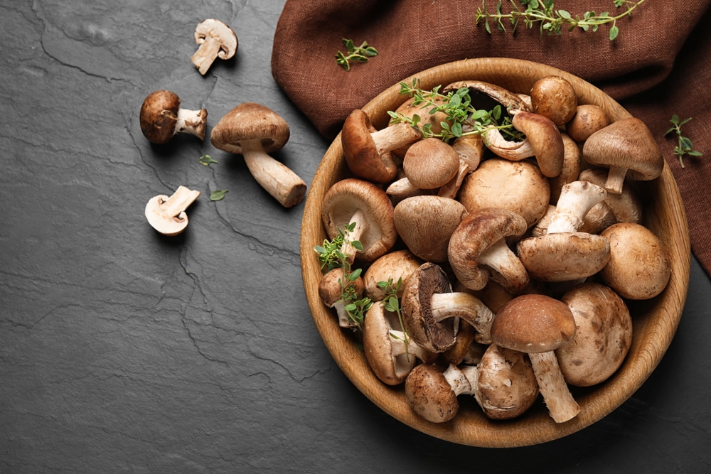 Fresh wild mushrooms in a wooden bowl.