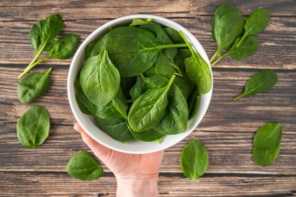 Overhead view of a hand holding a bowl of raw spinach.