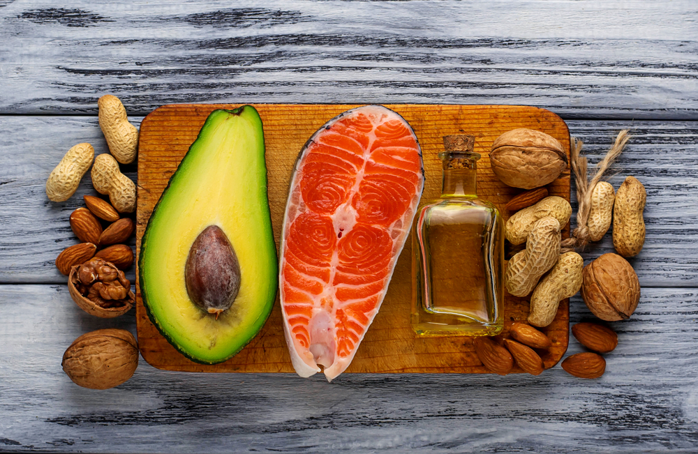 Healthy fat salmon, avocado, oil, and nuts.