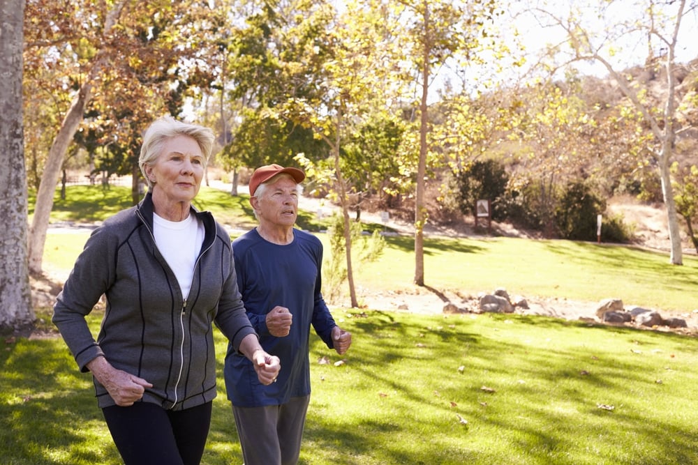 Senior couple walking in the park.