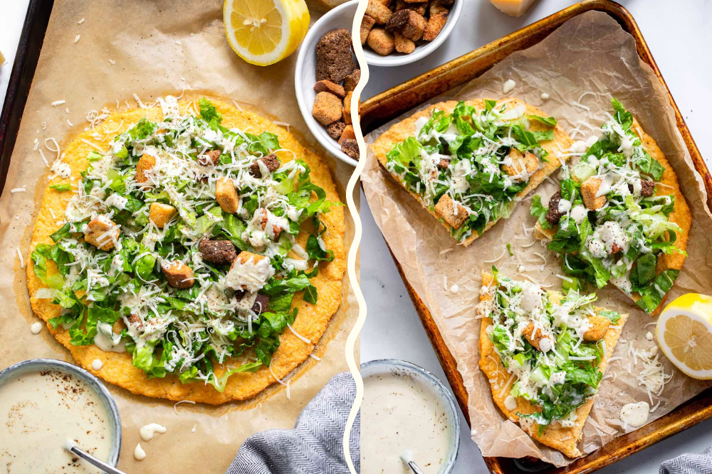 Side by side photos of the viral chicken Caesar salad pizza.