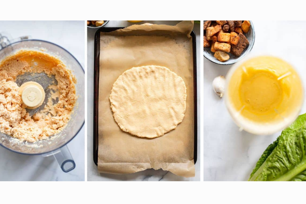 Side by side photos of the three steps for making the viral Chicken Caesar Salad Pizza.