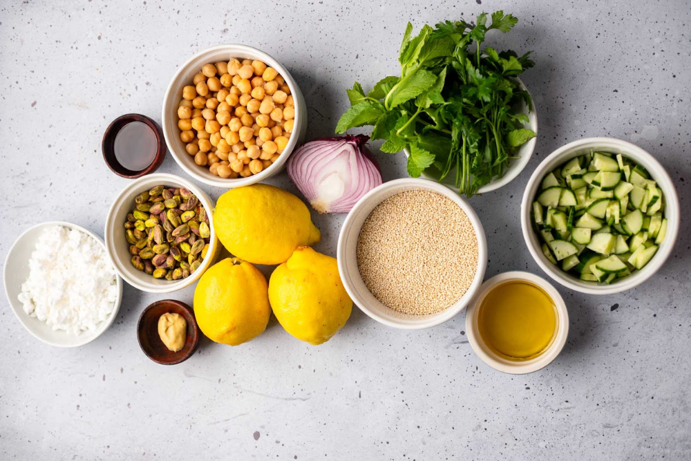 The Jennifer Aniston Salad ingredients, including chickpeas, quinoa, feta cheese and pistachios.