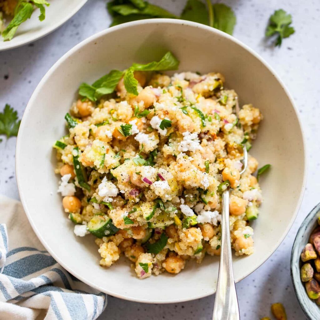 Overhead view of the viral Jennifer Aniston chickpea salad.