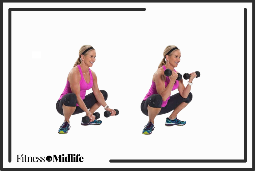 Chris Freytag doing a yogi squat with concentration curls using dumbbells.