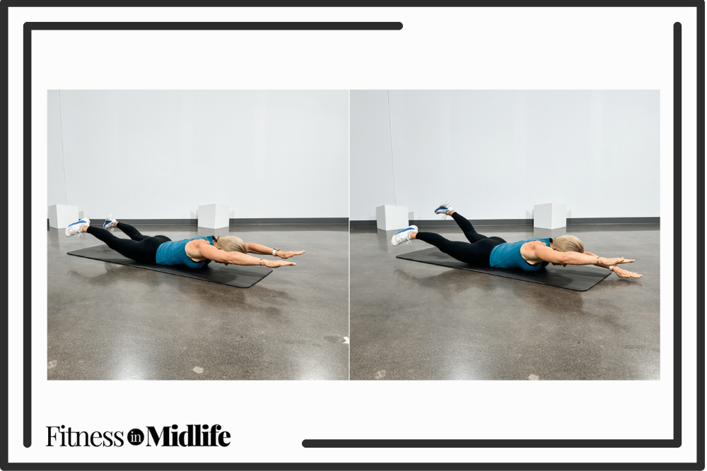 Chris Freytag doing pilates swimming exercise on a yoga mat.