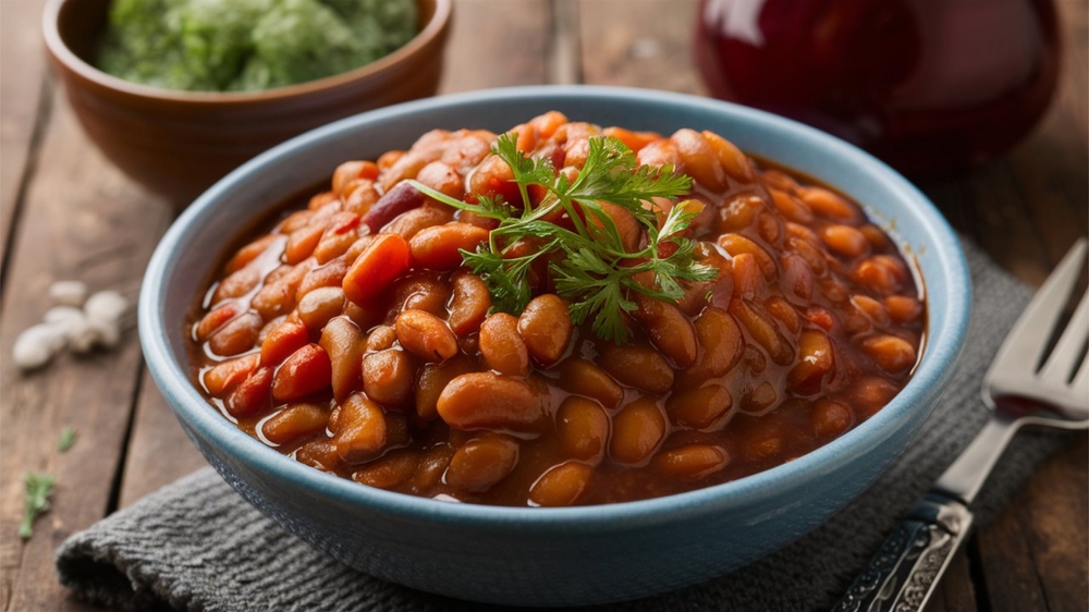 Closeup of a bowl of baked beans.